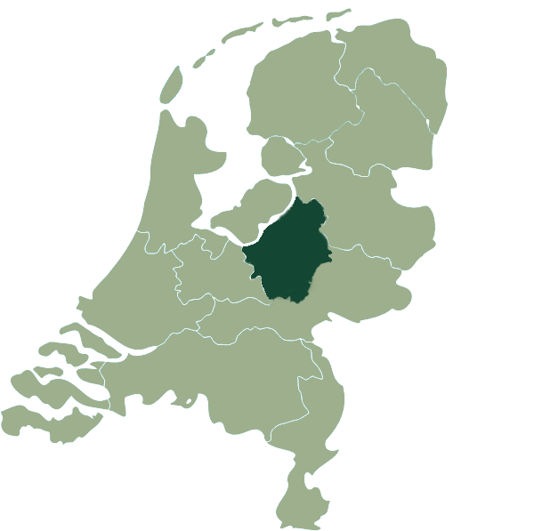 Kaartje Nederland met de Veluwe in donkergroen. Nationaal park De Hoge Veluwe is daar dus onderdeel van.
